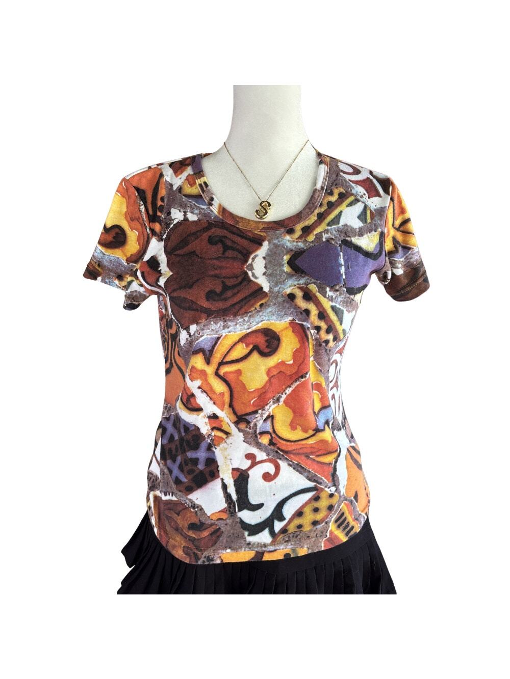 Gaudi Barcelona Mosaic Art Print Fitted Tee Orange Brown Size S
